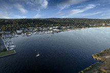 aerial view over a bay and marina 