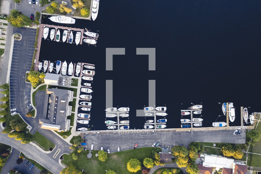 aerial view over a bay and marina 