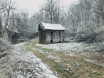 a shed with snow 