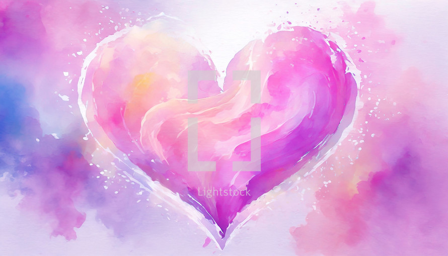 watercolor heart painting with spatter in pink, peach, blue
