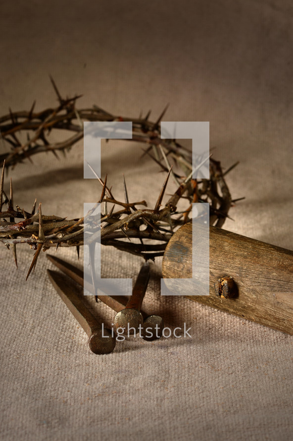 nails, wood, and crown of thorns 