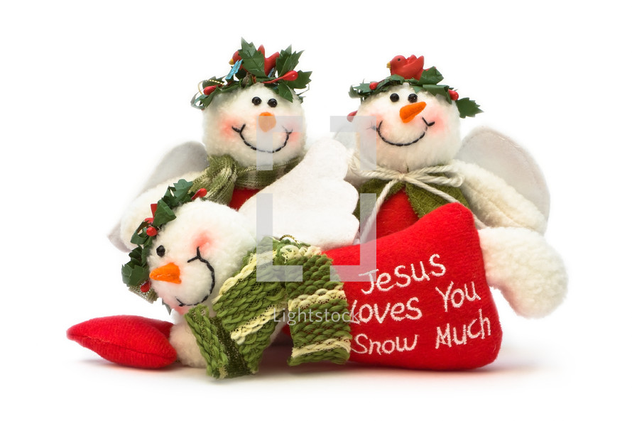 Angel snowmen with the words Jesus loves you snow much