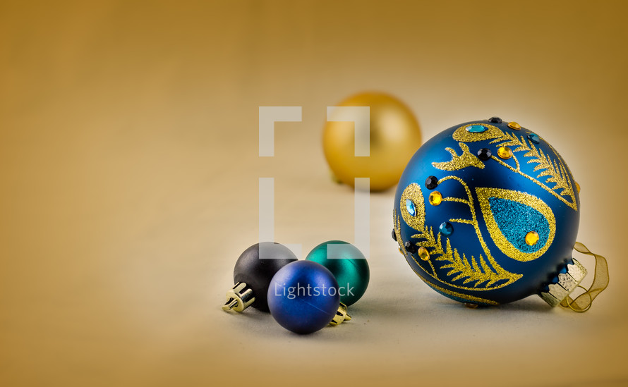 Blue and gold Christmas ornaments.