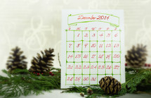 December 2014 Calendar and pine cones and pine 
