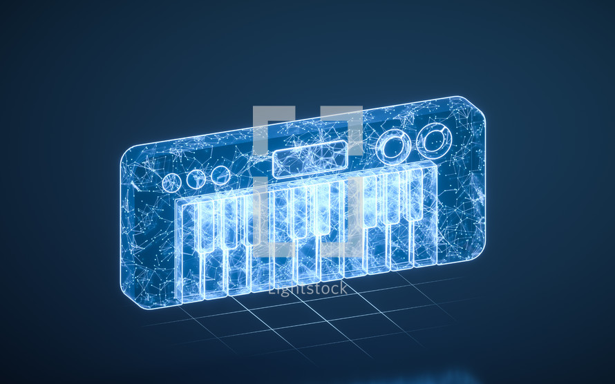 Portable piano with blue technology structure, 3d rendering.