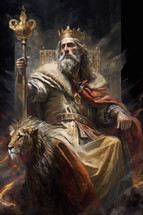 Painting of King David, the king of the united kingdom of Israel on his throne.
