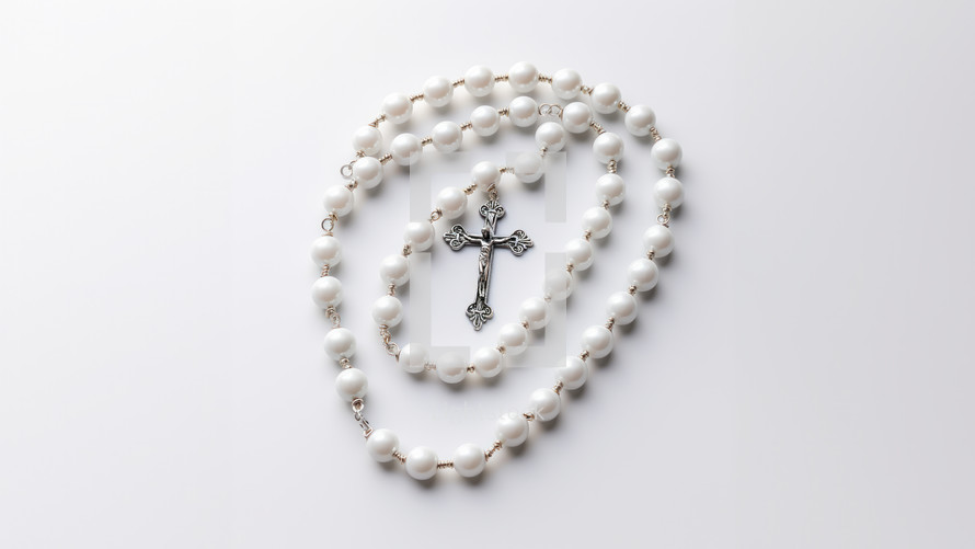 The Rosary with a string of pearl beads with a silver cross and the figure of Jesus Christ. Set against a white studio background, 