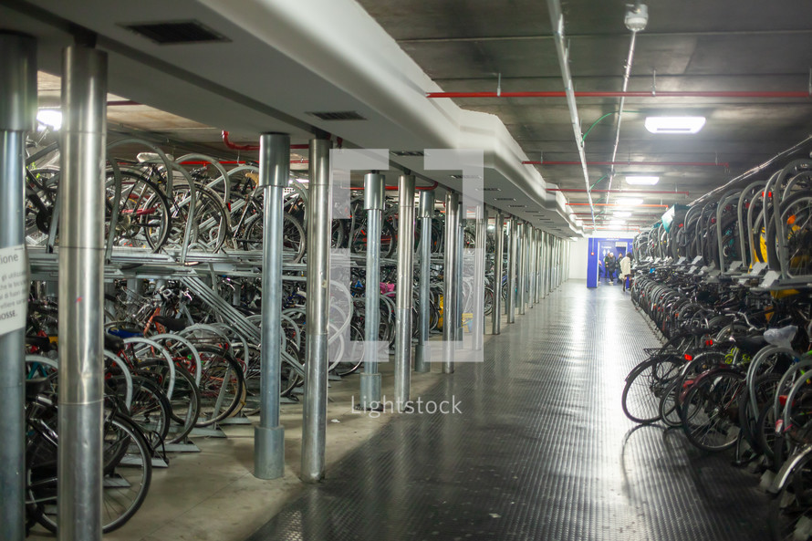 Firenze, Italy - December 22, 2023: Underground bicycle parking in Florence.