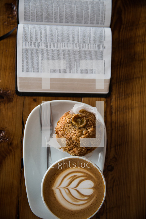 cappuccino, plate, muffin, breakfast, Bible, pages