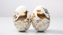 Gold and white painted Easter eggs with two birds.
