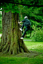 man climbing a large tree trunk