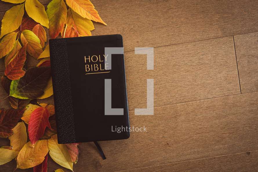 Closed black bible on a wood background with an autumn leaf border