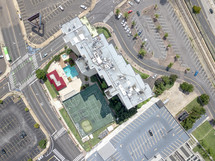 aerial view over a parking lot 