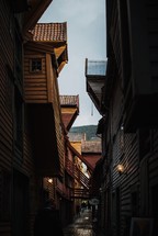wooden cabins and narrow alley 