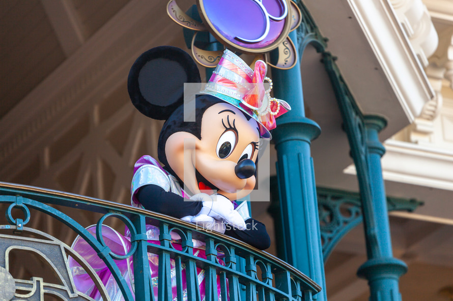Paris, France - June 02, 2023: On the occasion of the 30th anniversary the most famous Disney characters greet tourists at the entrance.