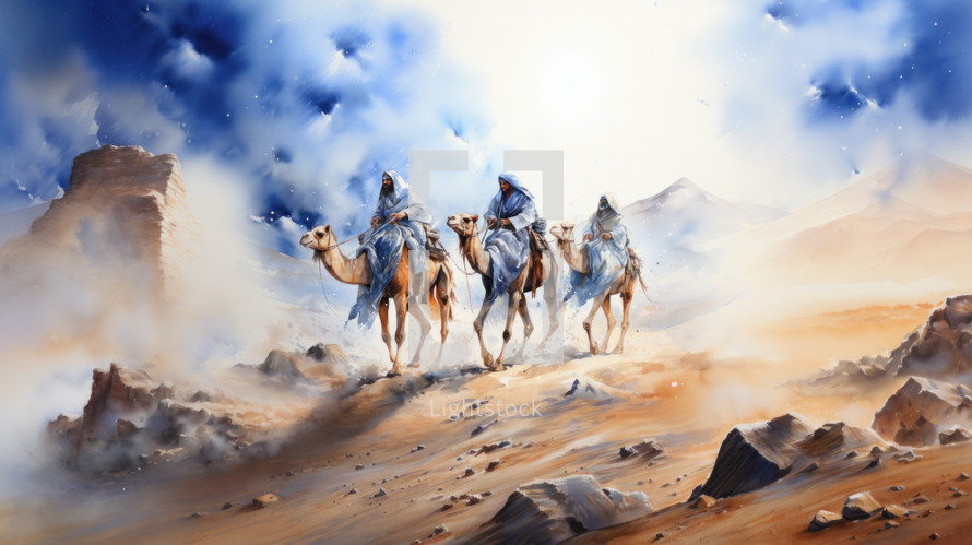 Three wise men on camels traveling through the desert at night and painting in the style of watercolors.