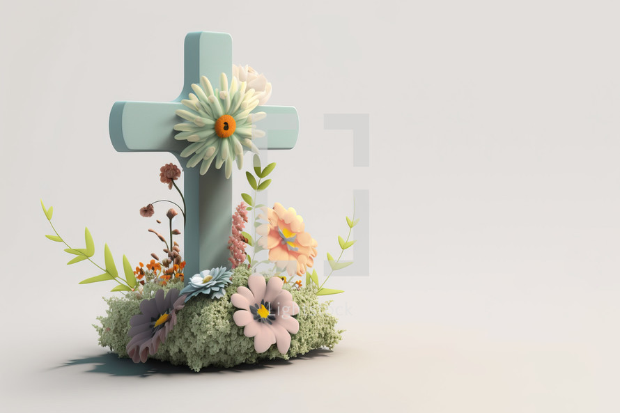 3D Cross with flowers background