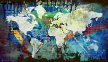 predominately blue textural mixed media world map art collage