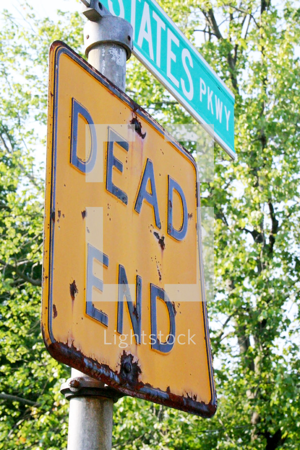 rusted DEAD END sign on a pole with trees in the background