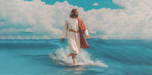 Jesus walking on water on the sea of Galilee wearing a white gown 