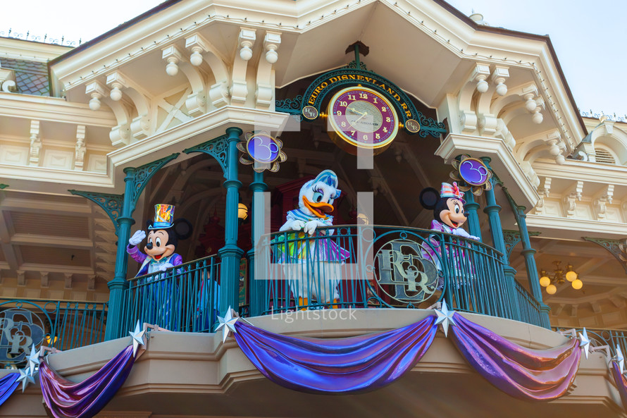 Paris, France - June 02, 2023: On the occasion of the 30th anniversary the most famous Disney characters greet tourists at the entrance.