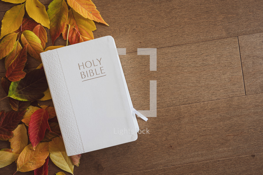 Closed white bible on a wood background with an autumn leaf border