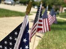American flags along a sidewalk