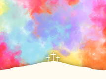 Christian Easter background with three crosses on hill of Calvary with vibrant paint watercolor texture in sky, 