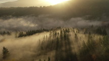 aerial view over mountain landscape at sunrise in fog 