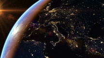 Europe at night. Extremely detailed image, including elements furnished by NASA. 3d animation with some light sources, reflections and post-processing. Earth maps courtesy of NASA