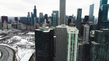 Cinematic view of downtown Chicago in winter.