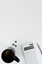tacks, mug, black and white, stripes, coffee mug, calculator, budget, finances, math