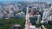Aerial image made with drone on Avenida Paulista, commercial center of the city of São Paulo.
