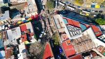 Top down Drone aerial shot of La Boca Caminito in Buenos Aires Argentina.
