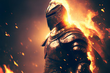 Warrior in armor surrounded by fire
