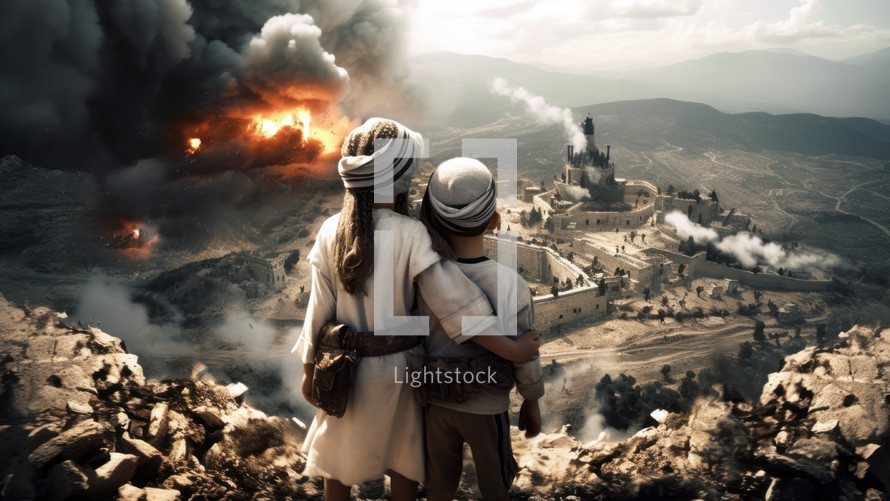 Two Arab brothers watch the bombed city from a hilltop. War concept