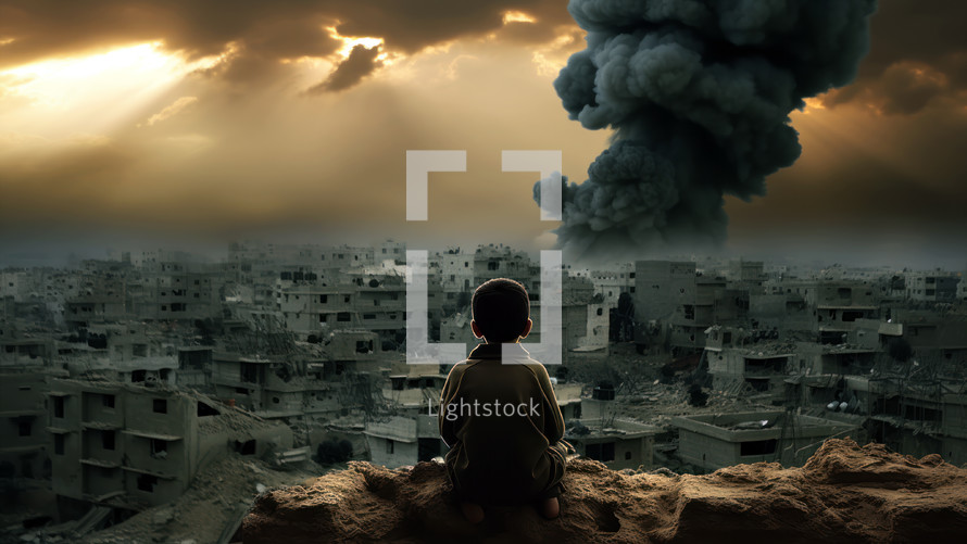 Child from Middle East watching the war from above. Urban landscape with clouds and sun rays