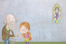 illustration of a girl greeting a older man at church 