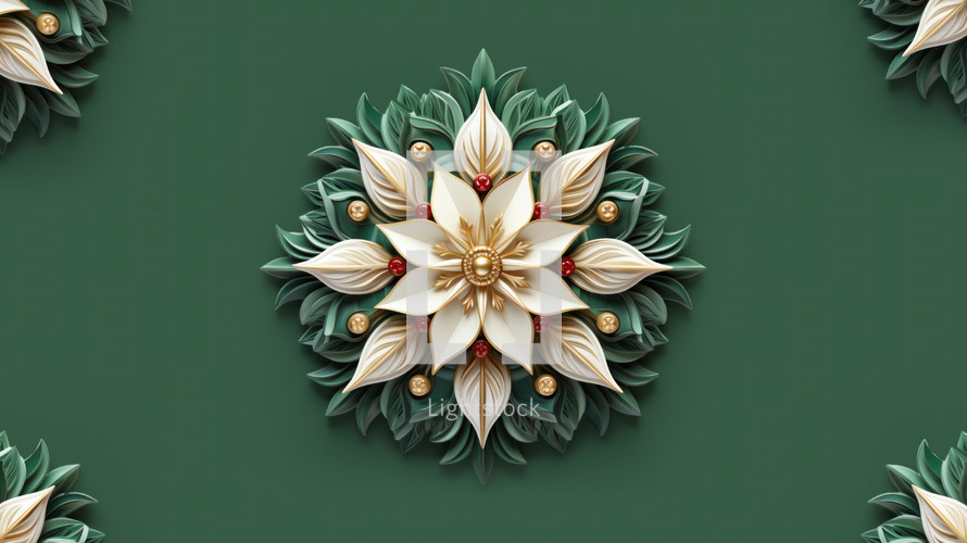 Symmetrical floral ornament of a snowflower on a green background. 