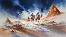 A watercolor painting of the Three wise men on camels traveling through the desert at night. 