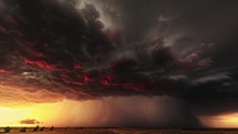 Supercell tornado thunderstorm with dramatic red and black clouds over open field in countryside landscape 4k