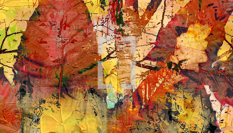 bold abstract autumn art - paint and collage - leaves, trees