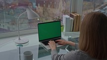 entrepreneur sitting at workplace typing on keyboard laptop with green display workspace with big windows in apartment