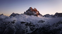 Majestic mountain in winter aerial view at sunrise, Dolomites, Italy