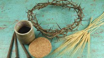 communion, cup, wine, bread, three nails, crown of thorns 