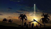 Christmas Scene with twinkling stars and brighter star of Bethlehem with nativity characters animated animals and trees. Seamless Loop of Nativity Christmas story under starry sky and moving wispy clouds. 4k