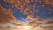 Timelapse of golden clouds on the blue sky and the sun in the sunset or sunrise. Cloudy sky in the morning or evening. Beautiful cloudscape 