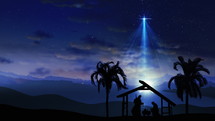 Christmas Scene with twinkling stars and brighter star of Bethlehem with animated trees. Seamless Loop of Nativity Christmas story under starry sky and moving wispy clouds. 4k