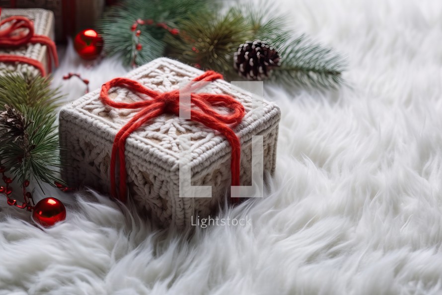 Craft Gift Box Decorated with Ornament on White Wool Texture