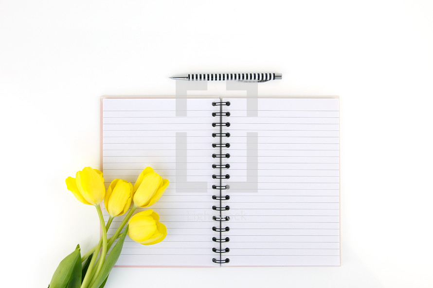 yellow tulips, notebook, blank pages, and, pen
